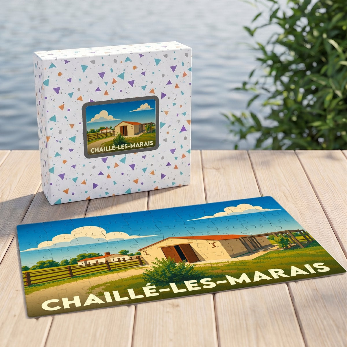 Puzzle souvenir de la ville de Chaillé-les-Marais illustré d'un paysage champêtre stylisé.
