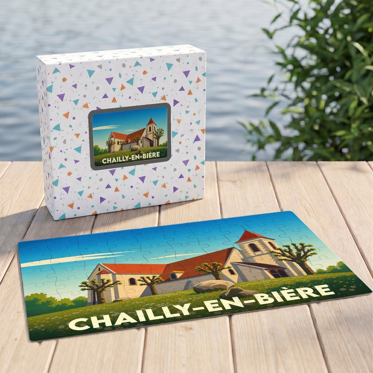 Puzzle souvenir de la ville de Chailly-en-Bière avec une illustration stylisée de son église.