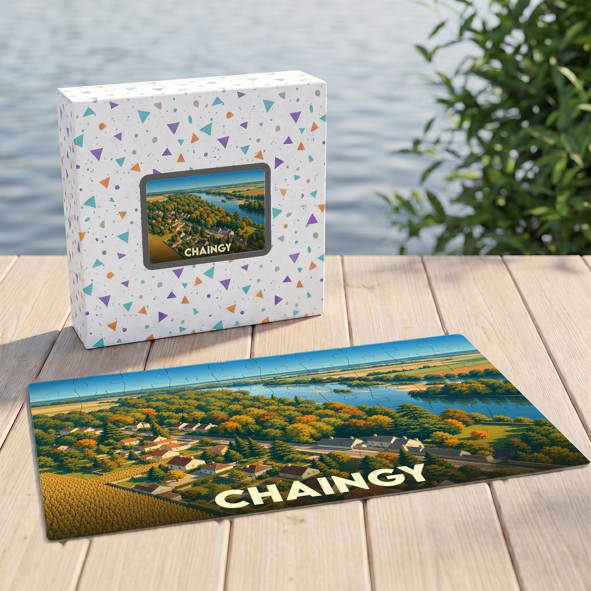 Puzzle souvenir de la ville de Chaingy illustré par un paysage panoramique stylisé des bords de Loire.