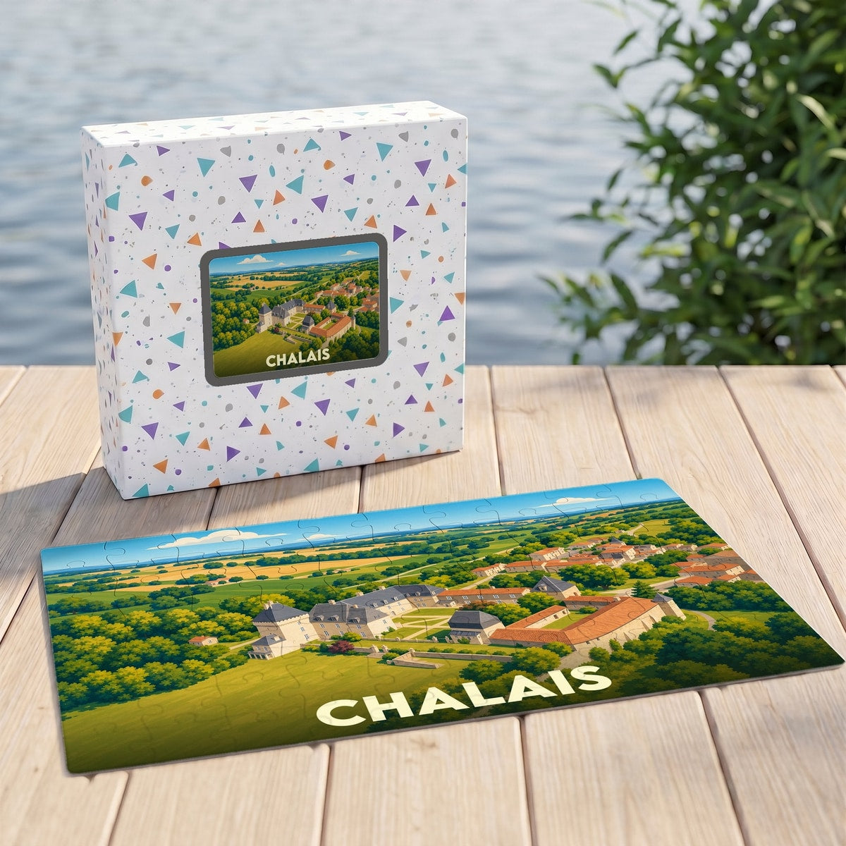 Puzzle souvenir de la ville de Chalais avec une illustration stylisée de son château et de son paysage.