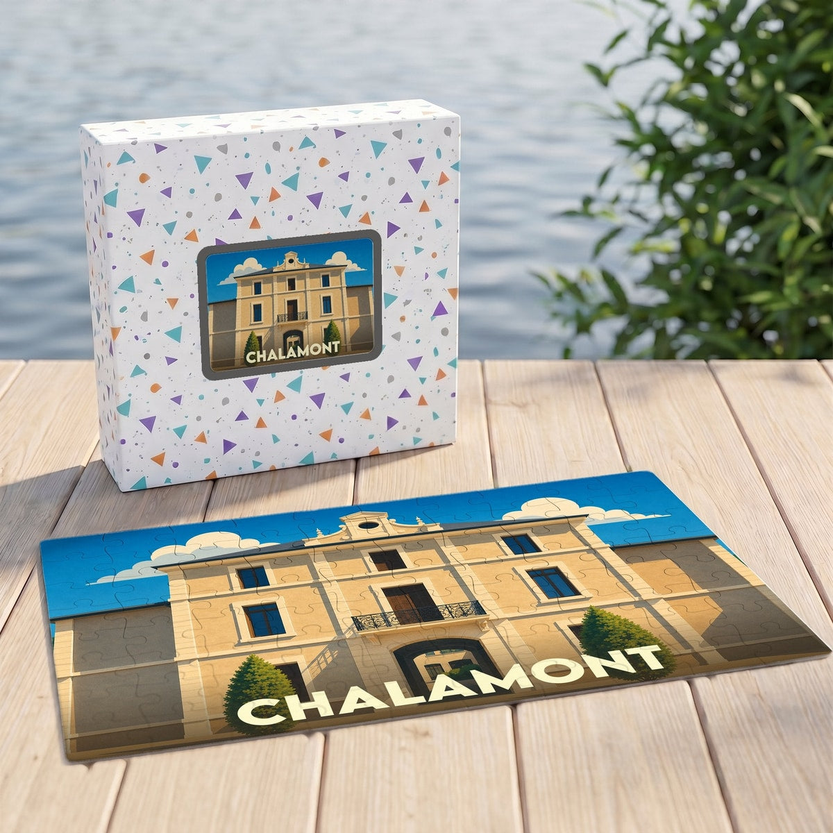 Puzzle souvenir de la ville de Chalamont avec une illustration stylisée du patrimoine local.
