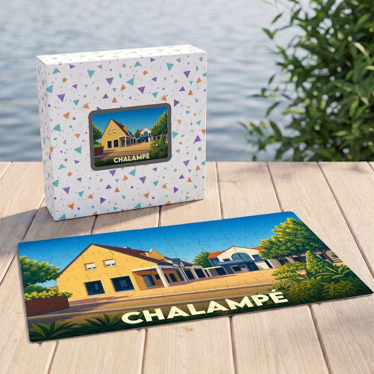 Puzzle souvenir de la ville de Chalampé avec une illustration stylisée et colorée.