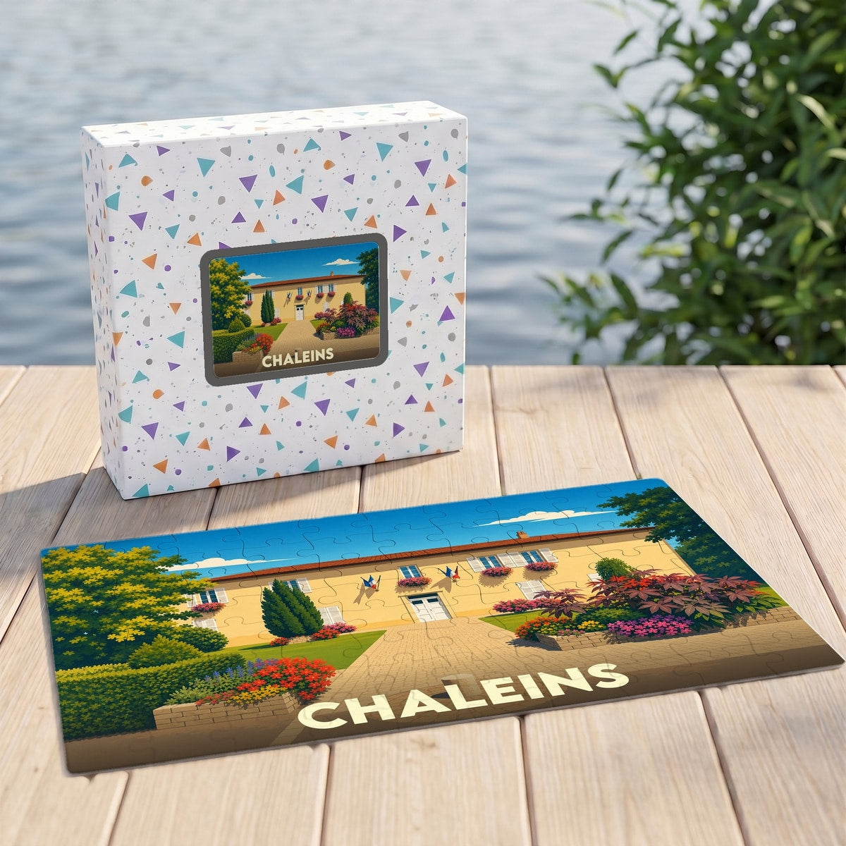 Puzzle souvenir de la ville de Chaleins avec une illustration stylisée de sa mairie fleurie.