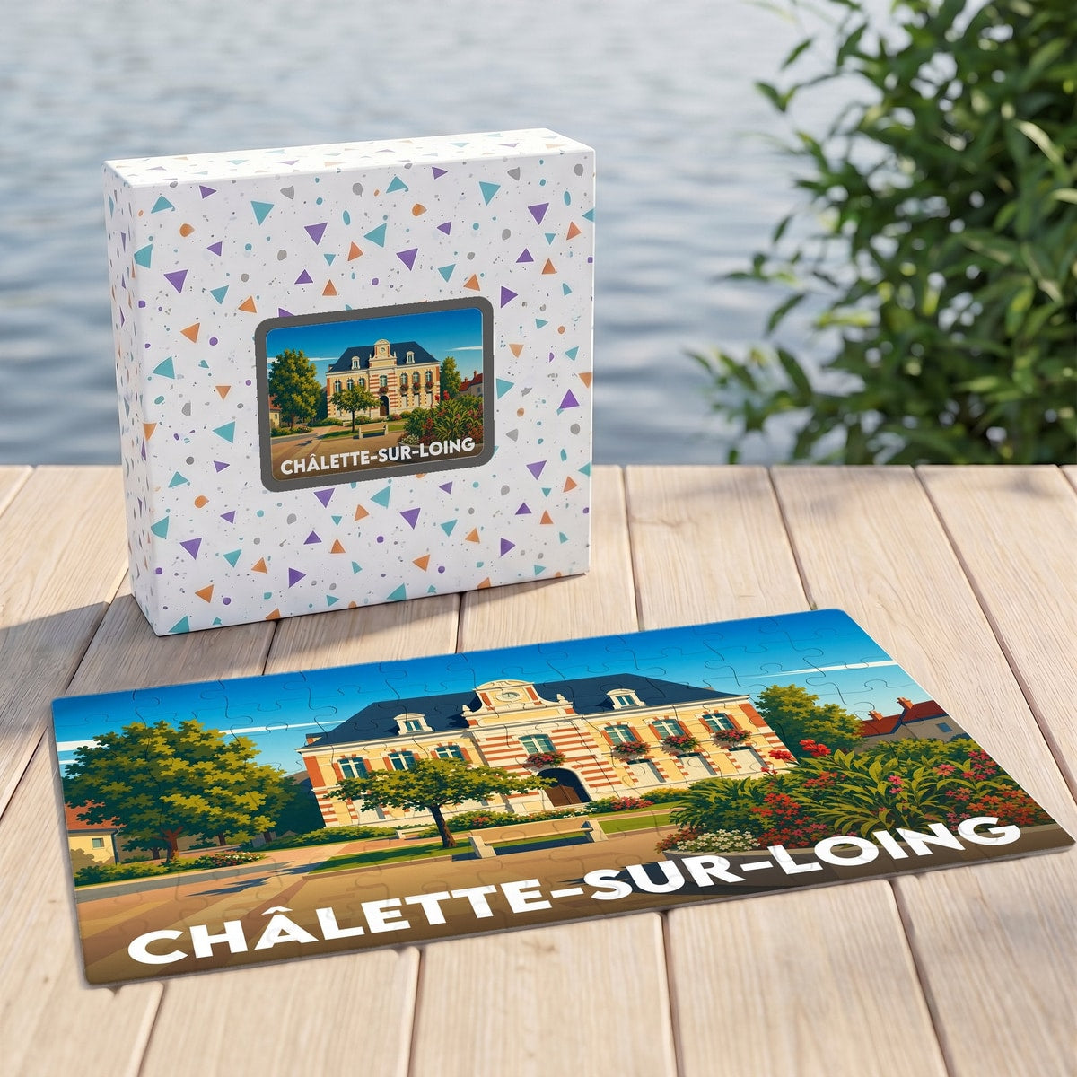 Puzzle souvenir de la ville de Châlette-sur-Loing avec une illustration colorée de l'hôtel de ville.