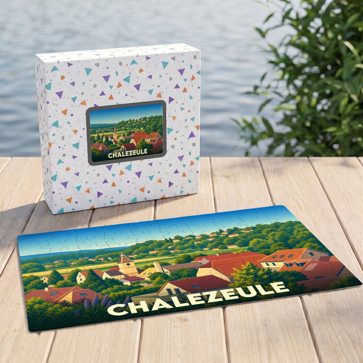 Puzzle souvenir de la ville de Chalezeule illustré par un paysage panoramique coloré du village.