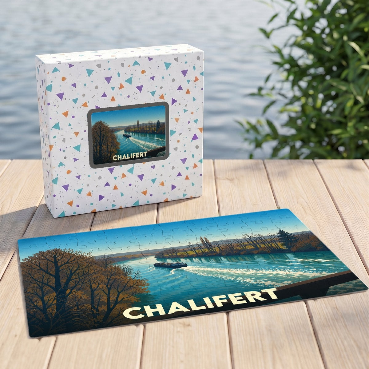 Puzzle souvenir de la ville de Chalifert avec une illustration stylisée d'un paysage fluvial.