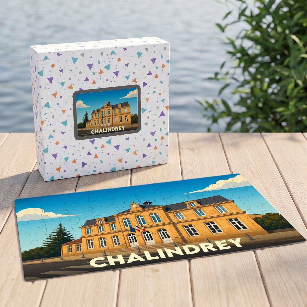 Puzzle souvenir de la ville de Chalindrey représentant son hôtel de ville dans un style illustré.