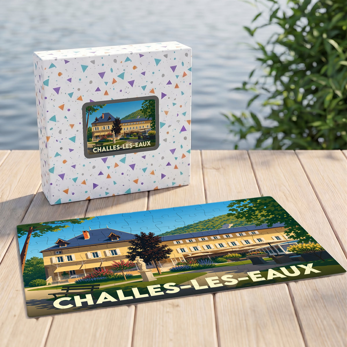 Puzzle souvenir de la ville de Challes-les-Eaux avec une illustration stylisée de son architecture thermale.