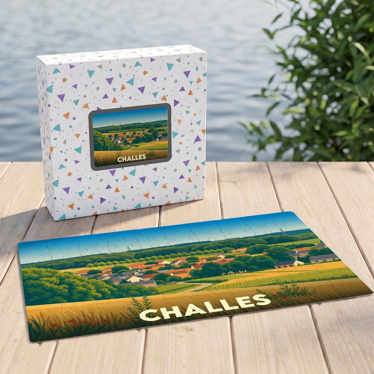 Puzzle souvenir de la ville de Challes avec une illustration stylisée de son paysage champêtre.