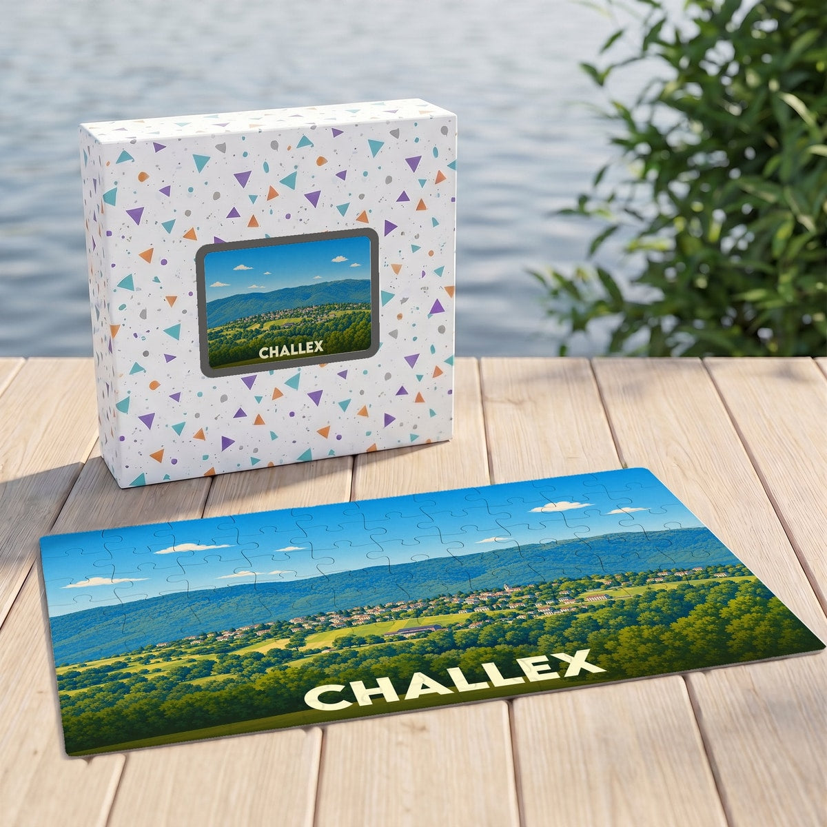 Puzzle souvenir de la ville de Challex avec une illustration de paysage panoramique.