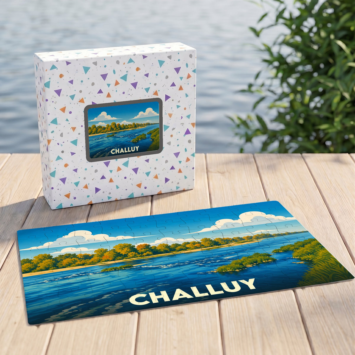 Puzzle souvenir de la ville de Challuy avec une illustration de paysage de bord de Loire.