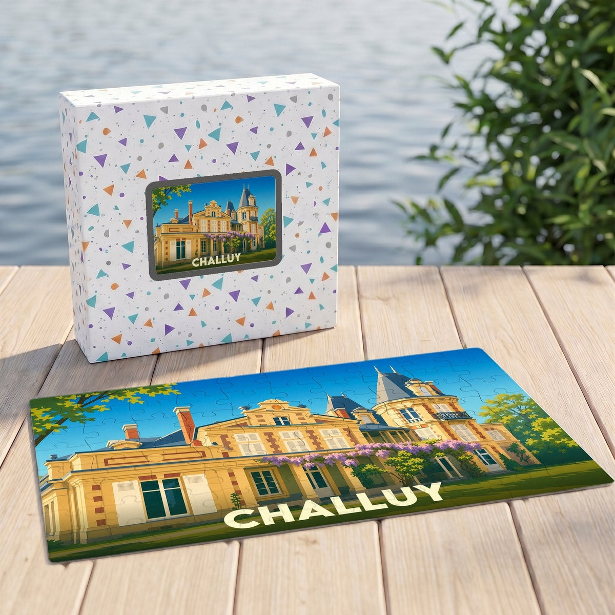 Puzzle souvenir de la ville de Challuy avec une illustration stylisée d'un château.