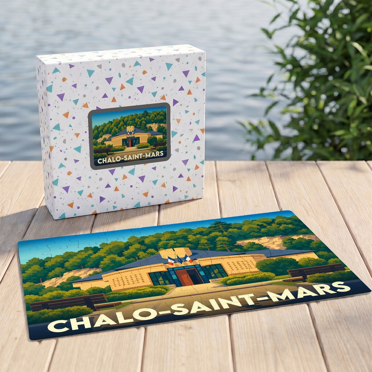Puzzle souvenir de la ville de Chalo-Saint-Mars illustrant la mairie avec un style graphique épuré.