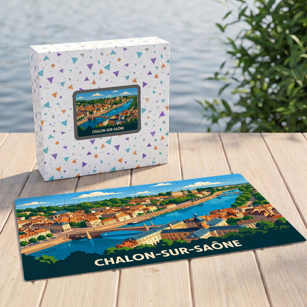 Puzzle souvenir de la ville de Chalon-sur-Saône avec une illustration stylisée et sa boîte assortie.