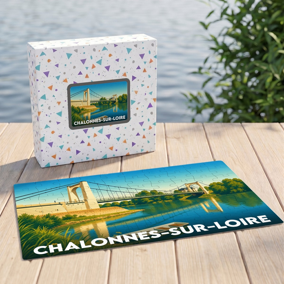 Puzzle souvenir de la ville de Chalonnes-sur-Loire représentant son pont suspendu avec une illustration stylisée.