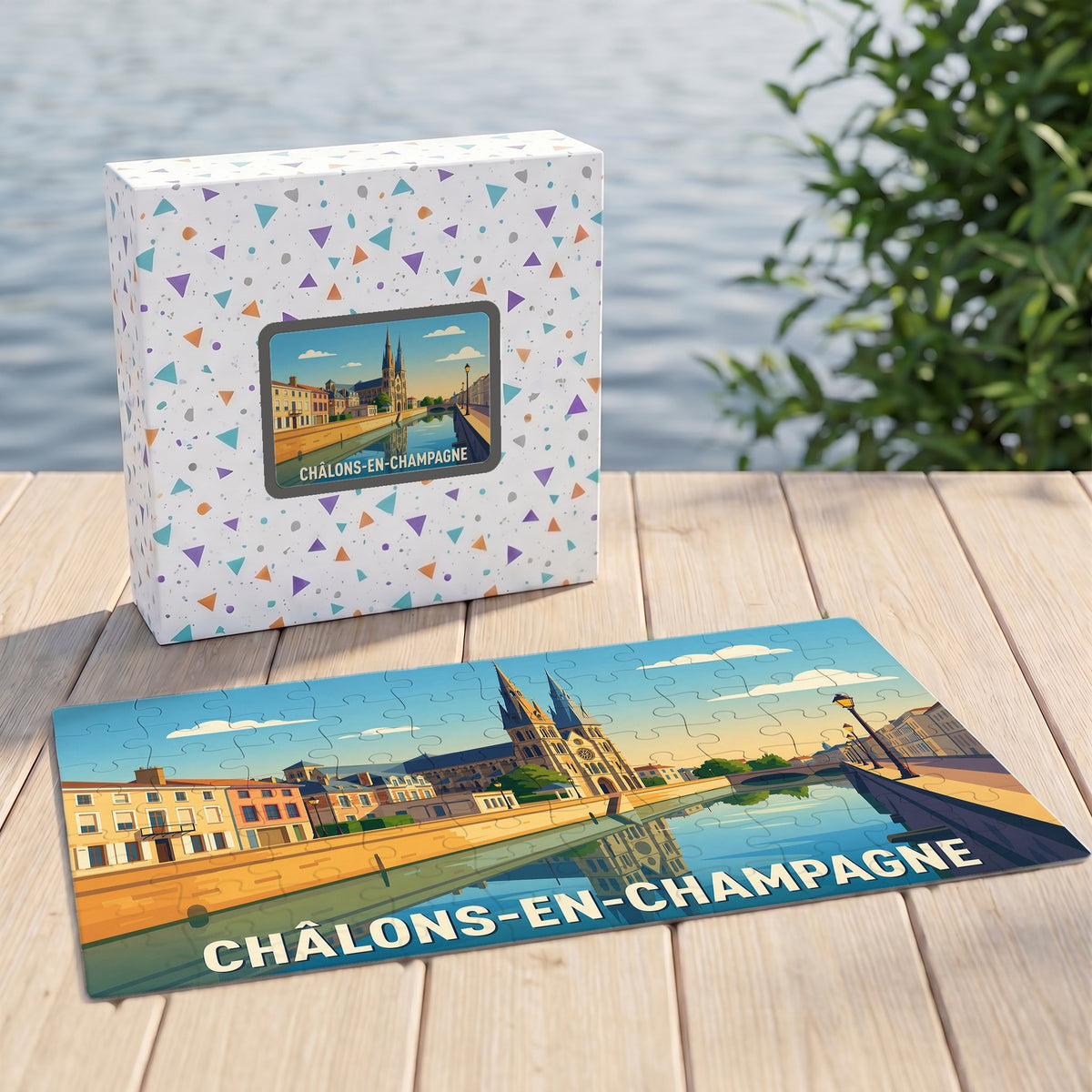 Puzzle souvenir de la ville de Châlons-en-Champagne avec une illustration stylisée de sa cathédrale au bord de l'eau.