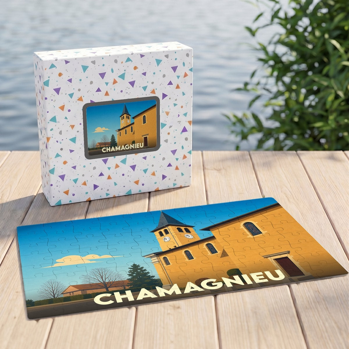 Puzzle souvenir de la ville de Chamagnieu avec une illustration stylisée de son église.