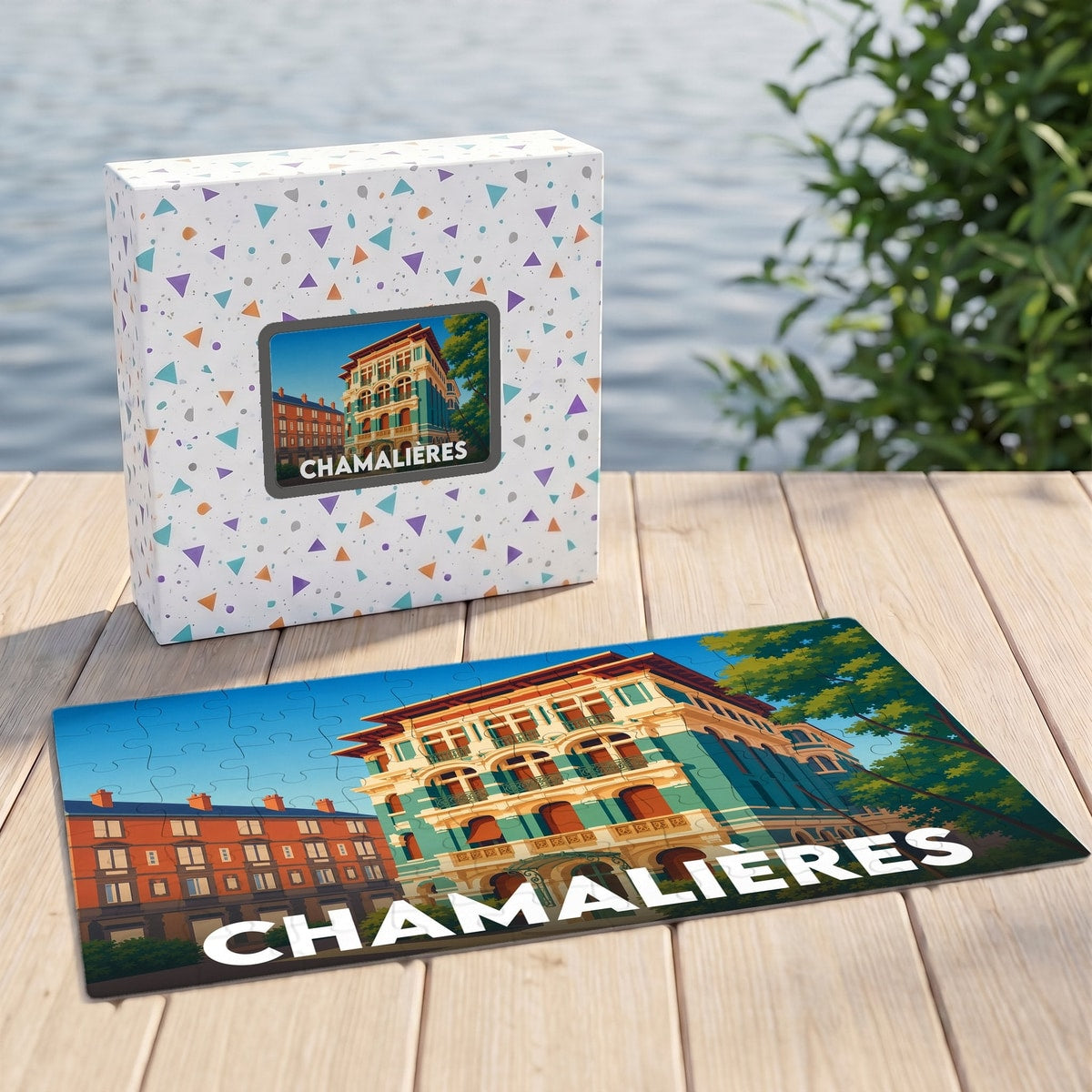 Puzzle souvenir de la ville de Chamalières avec une illustration stylisée d'architecture urbaine.