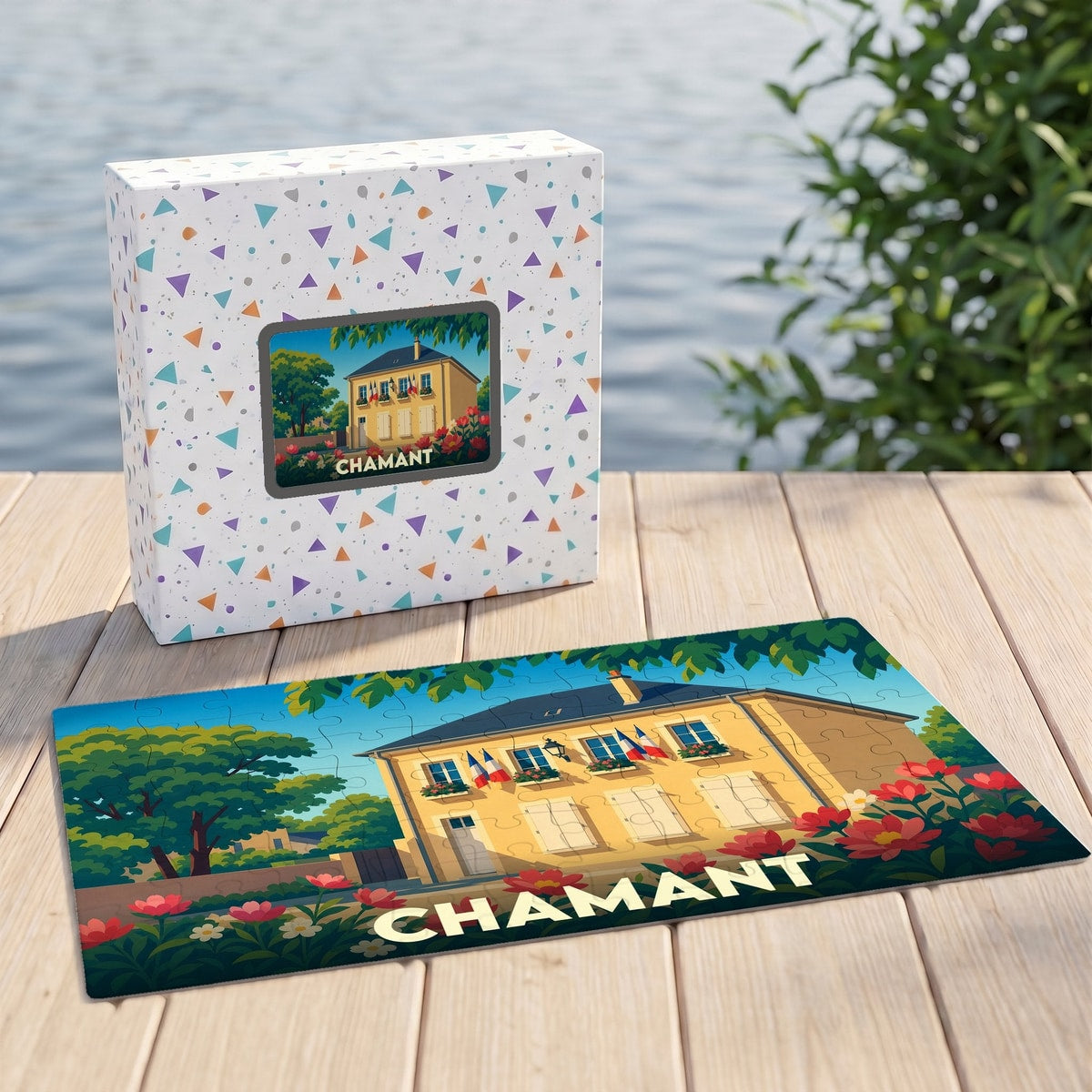 Puzzle souvenir de la ville de Chamant avec son illustration colorée et sa boîte assortie.