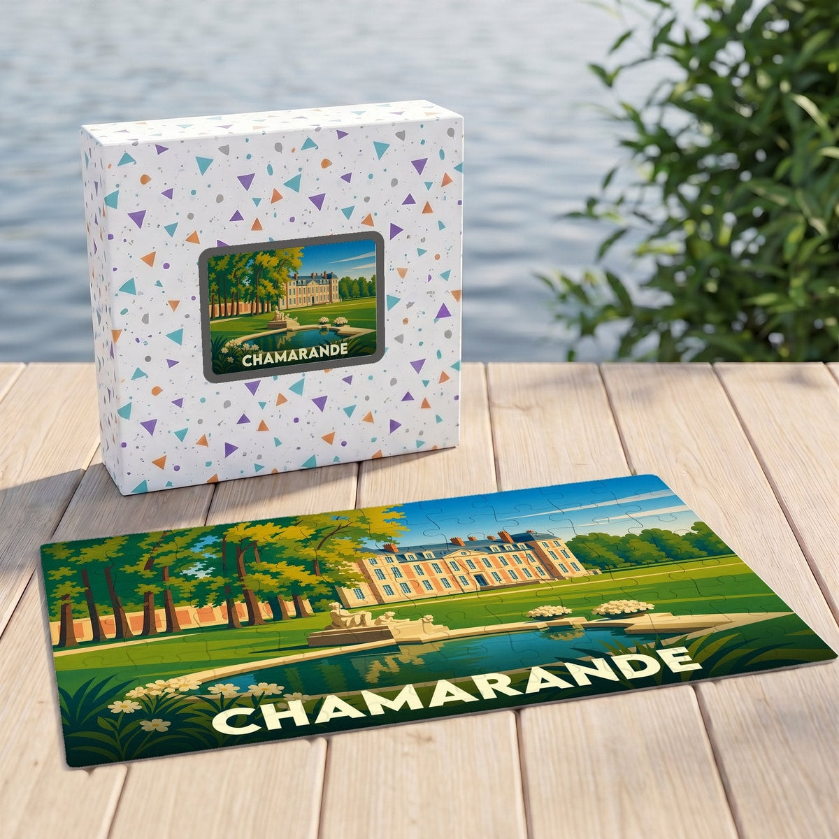 Puzzle souvenir de la ville de Chamarande avec une illustration stylisée de son château et de son parc.
