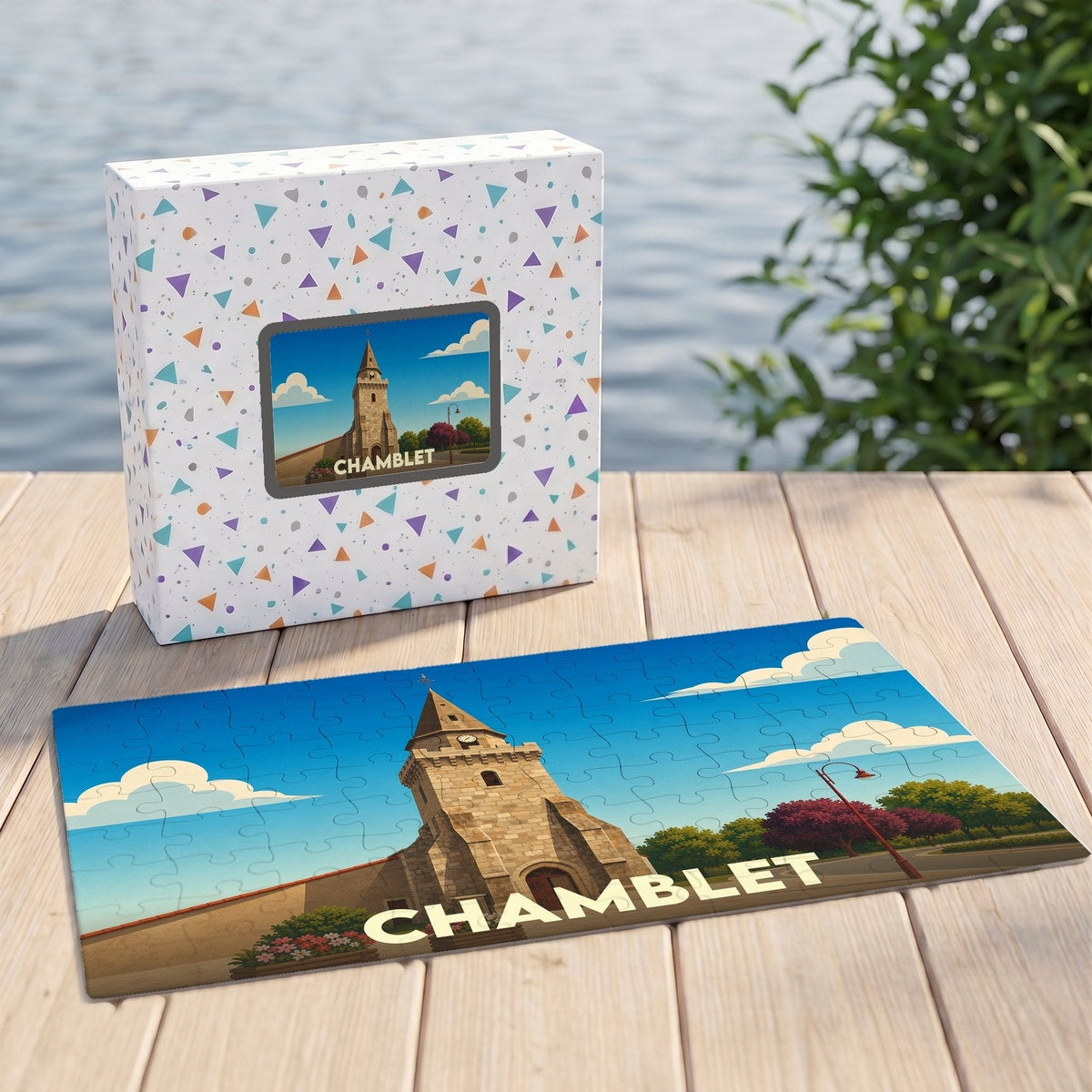 Puzzle souvenir de la ville de Chamblet avec une illustration stylisée d'une église sous un ciel bleu.