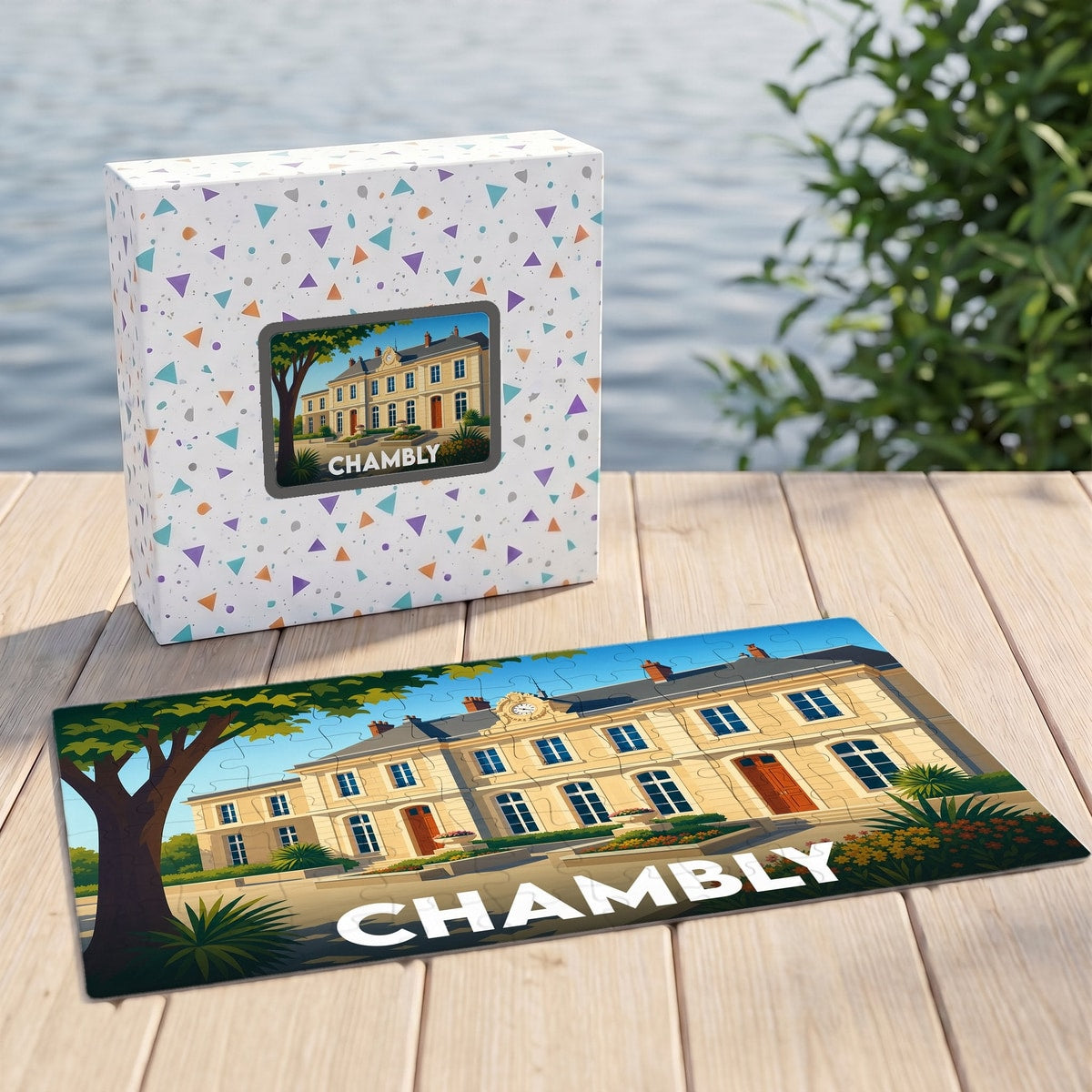 Puzzle souvenir de la ville de Chambly avec une illustration stylisée de l'hôtel de ville.