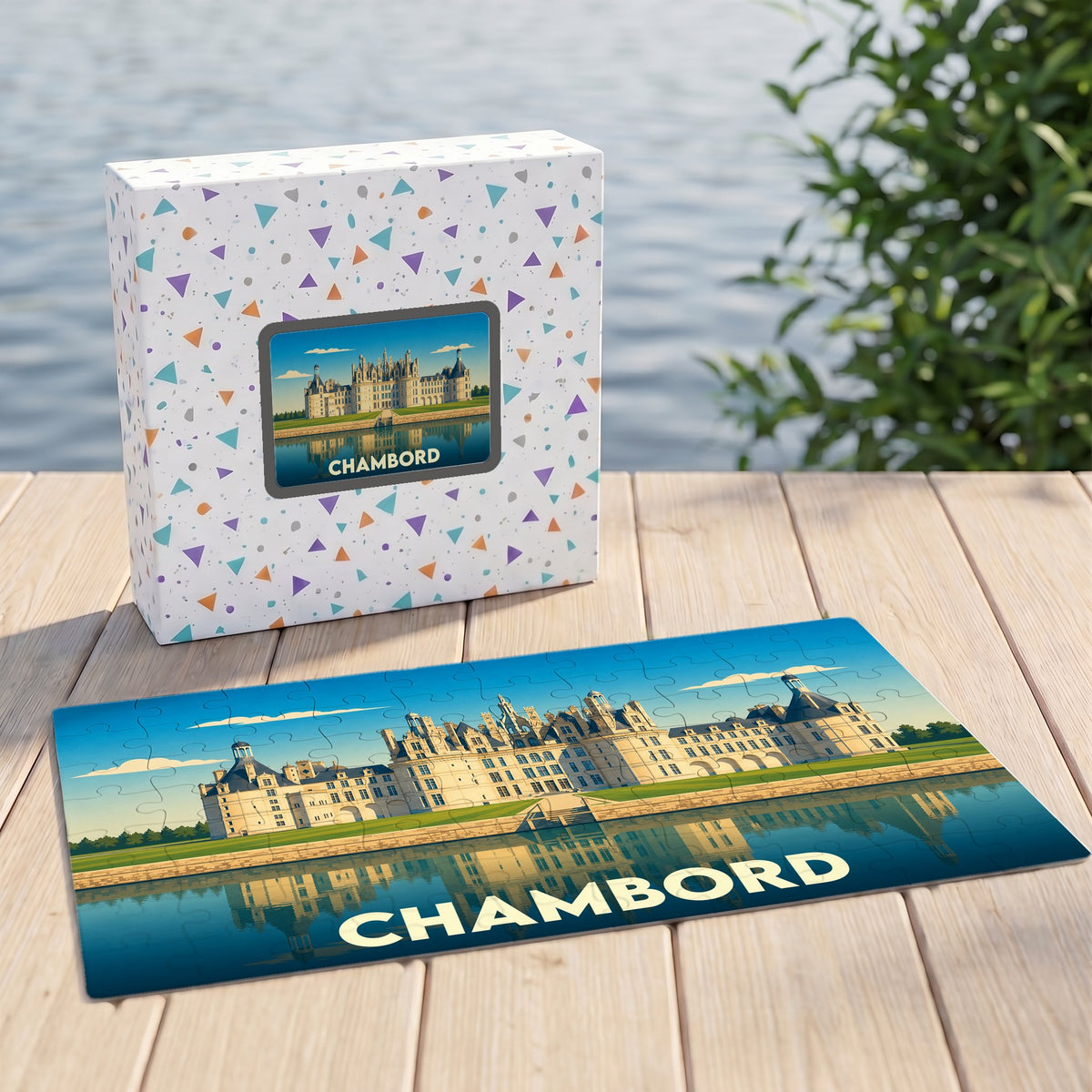 Puzzle souvenir de la ville de Chambord avec une illustration stylisée du château et de son reflet.