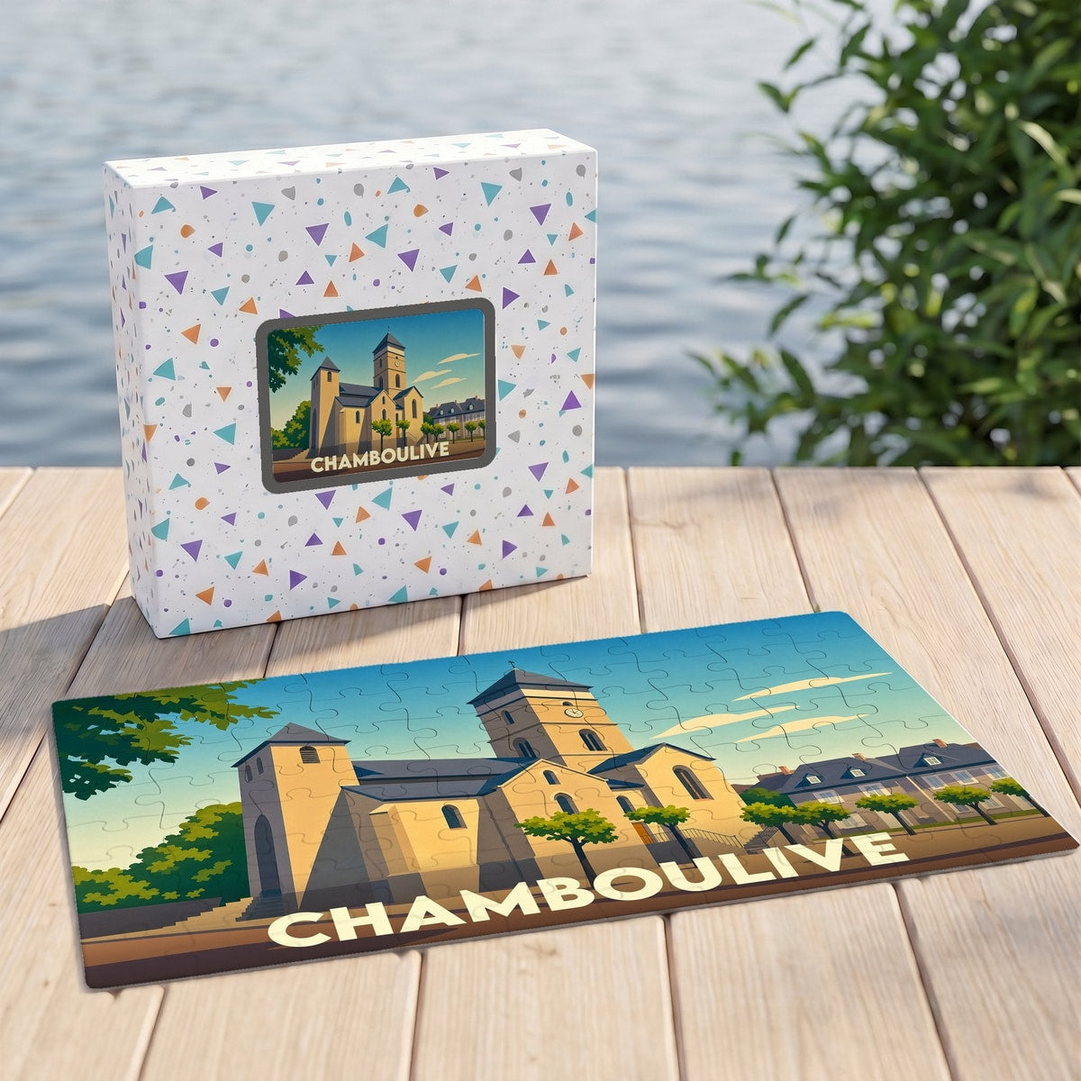 Puzzle souvenir de la ville de Chamboulive avec une illustration stylisée de son église.