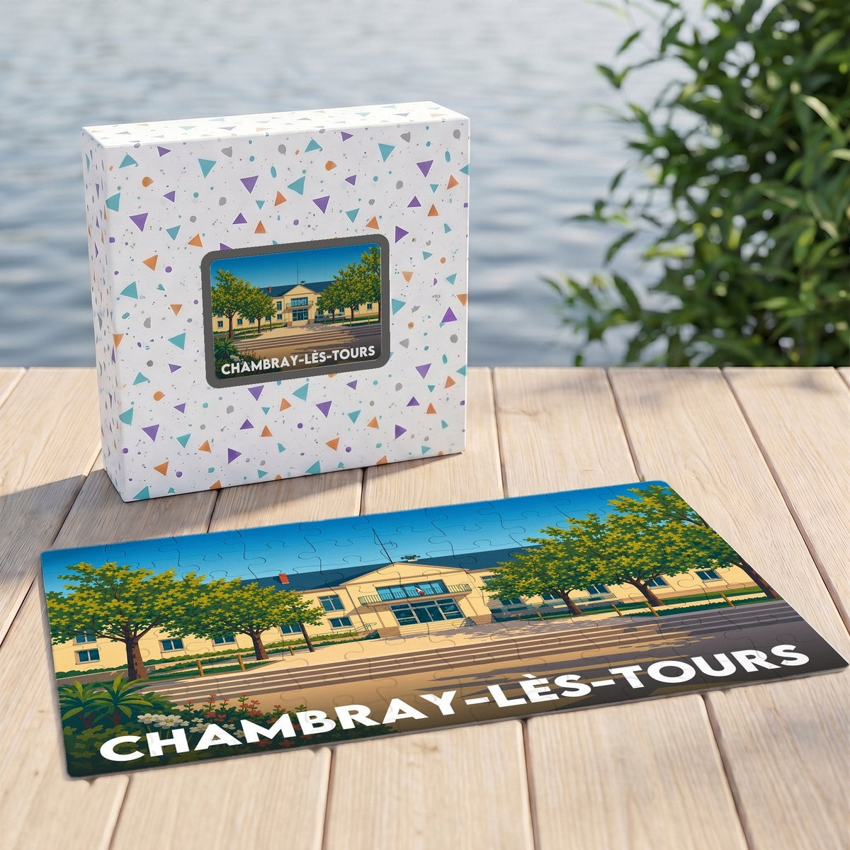 Puzzle souvenir de la ville de Chambray-lès-Tours avec une illustration stylisée de l'hôtel de ville.