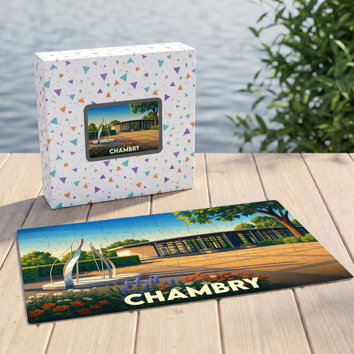 Puzzle souvenir de la ville de Chambry avec une illustration stylisée d'un parc.
