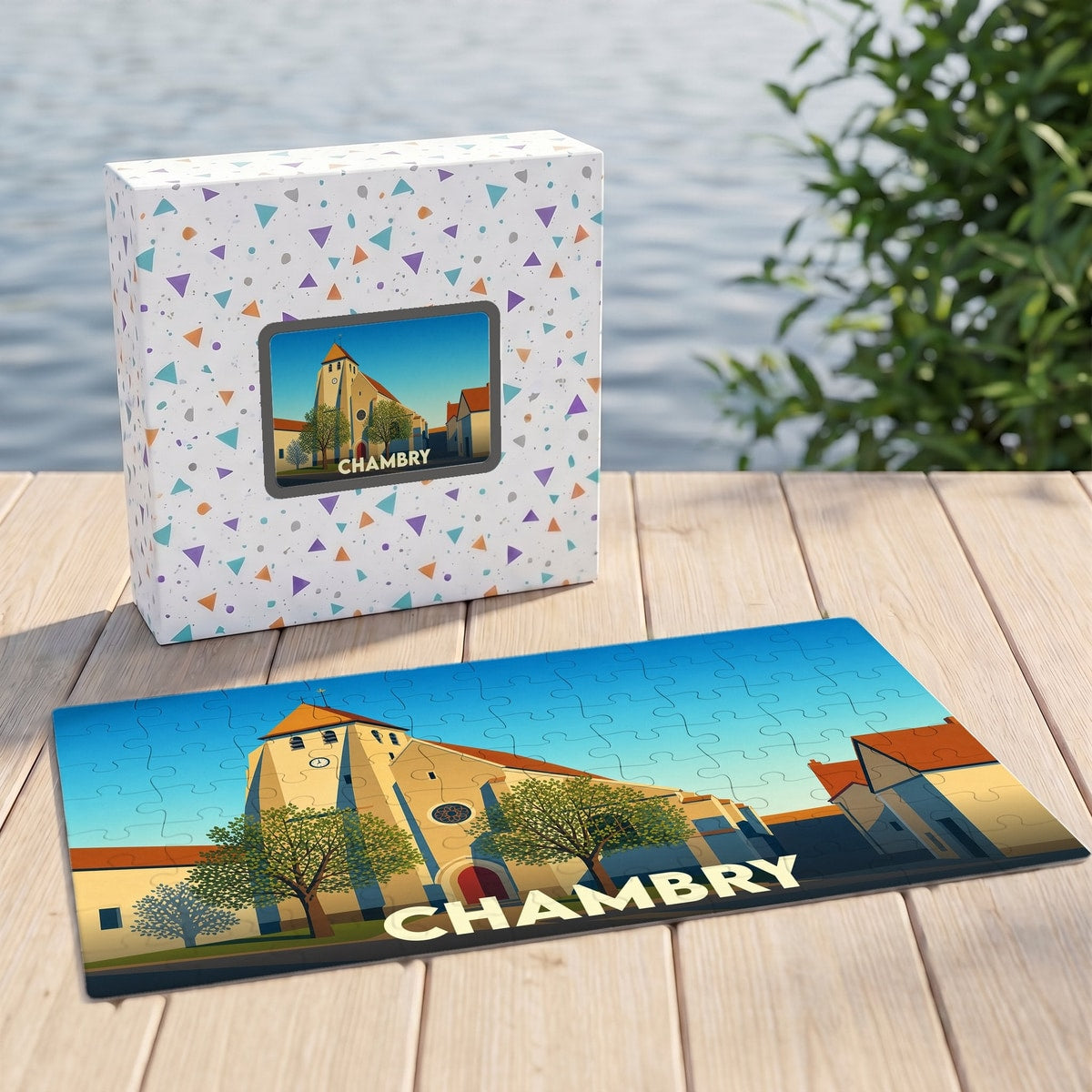 Puzzle souvenir de la ville de Chambry avec une illustration stylisée d'une église.