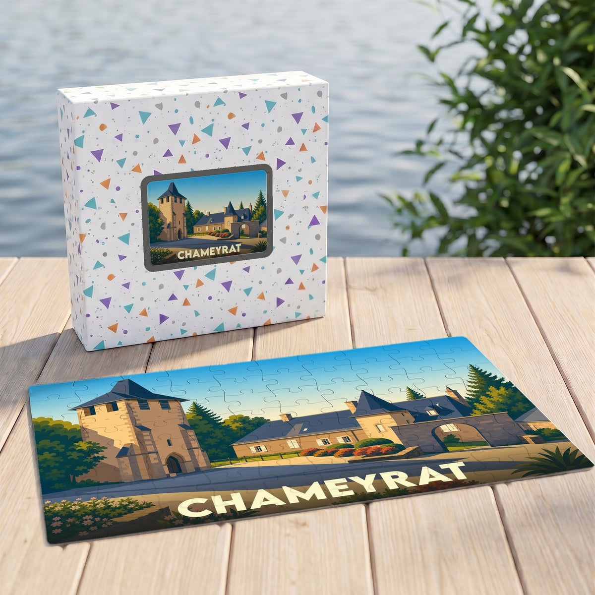Puzzle souvenir de la ville de Chameyrat avec une illustration stylisée d'un manoir et de son église.