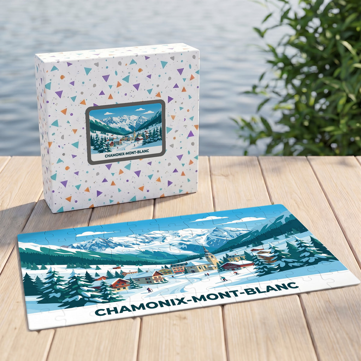 Puzzle souvenir de la ville de Chamonix-Mont-Blanc avec une illustration stylisée de paysages enneigés.