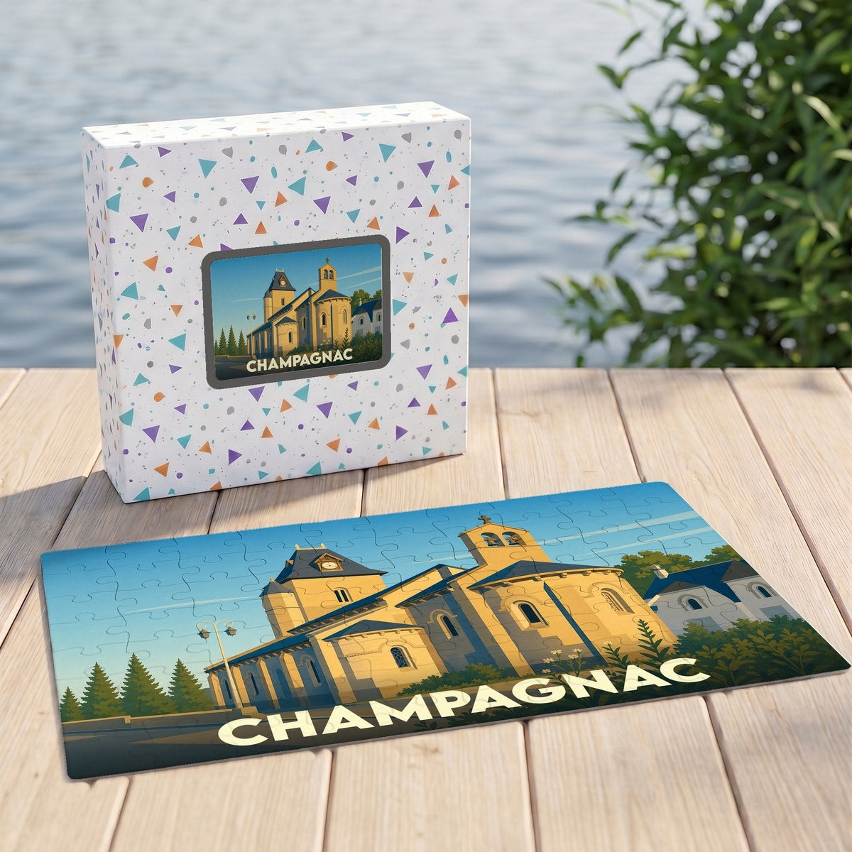 Puzzle souvenir de la ville de Champagnac avec une illustration stylisée d'une église.