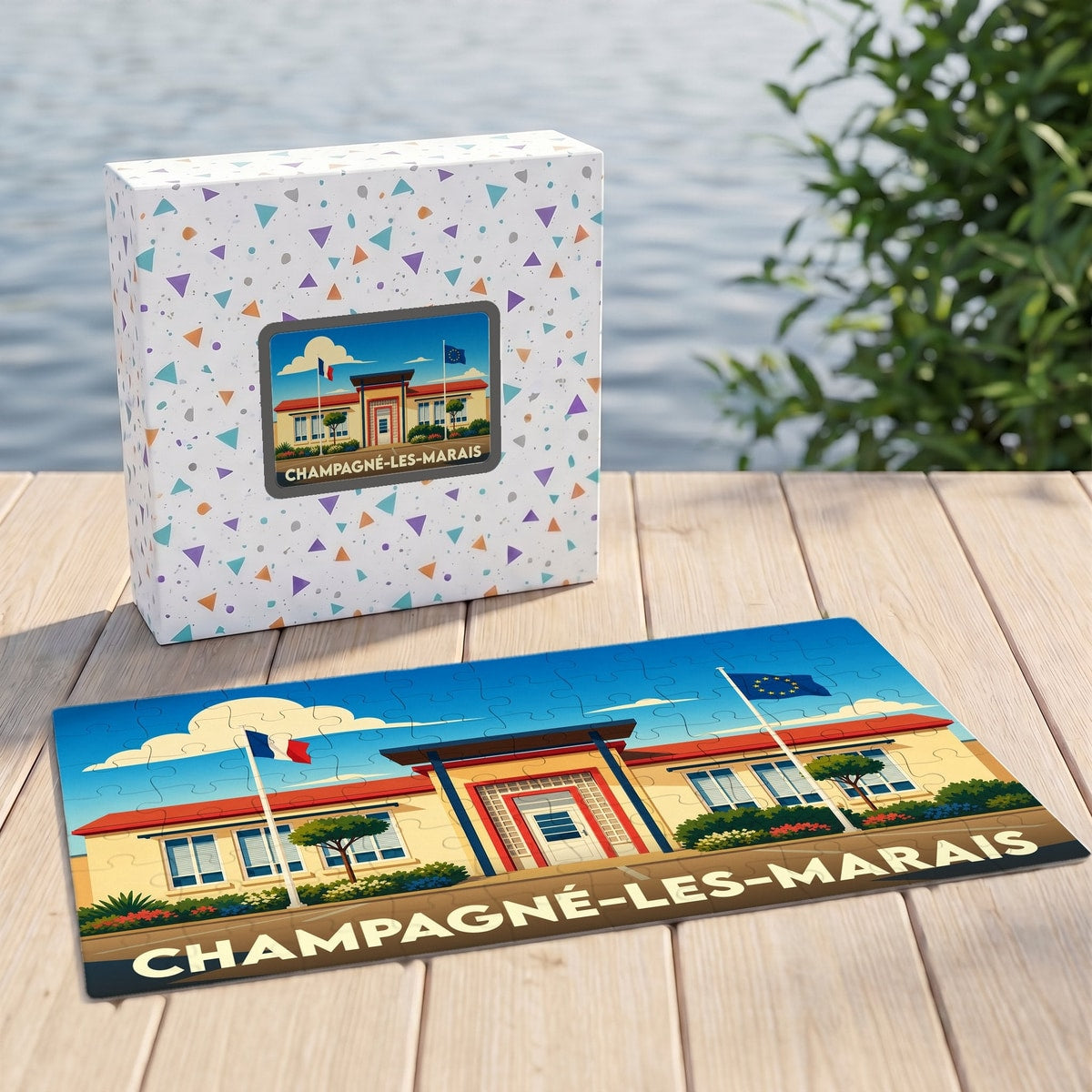 Puzzle souvenir de la ville de Champagné-les-Marais avec une illustration stylisée de sa mairie.