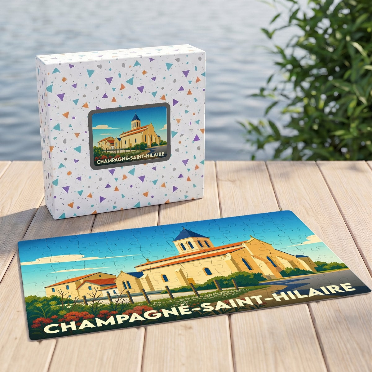 Puzzle souvenir de la ville de Champagné-Saint-Hilaire avec une illustration stylisée de son église.