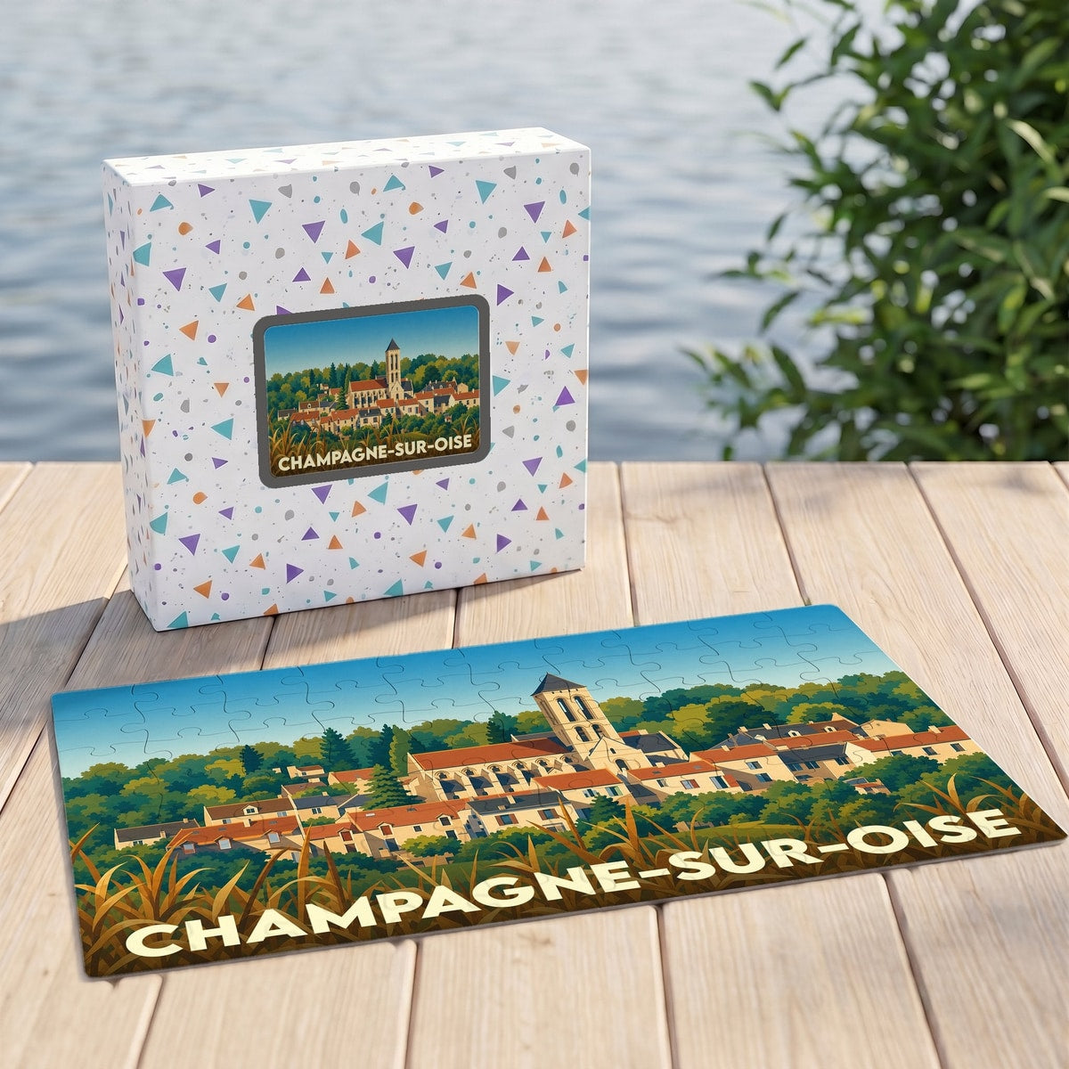 Puzzle souvenir de la ville de Champagne-sur-Oise avec une illustration stylisée.
