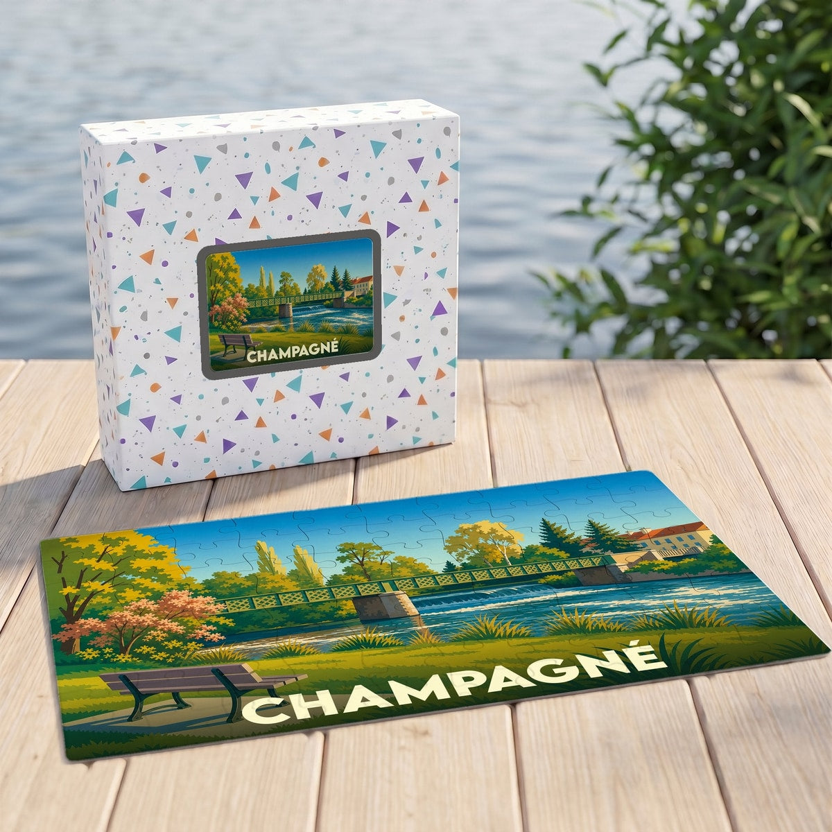 Puzzle souvenir de la ville de Champagné avec une illustration stylisée de son paysage fluvial.