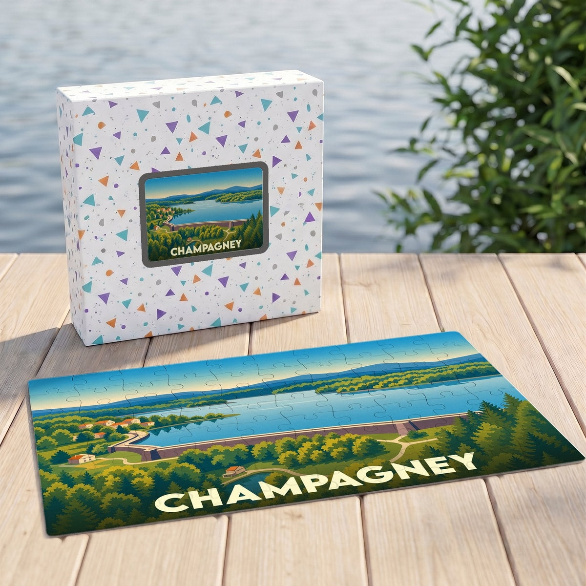 Puzzle souvenir de la ville de Champagney avec une illustration stylisée d'un paysage lacustre.