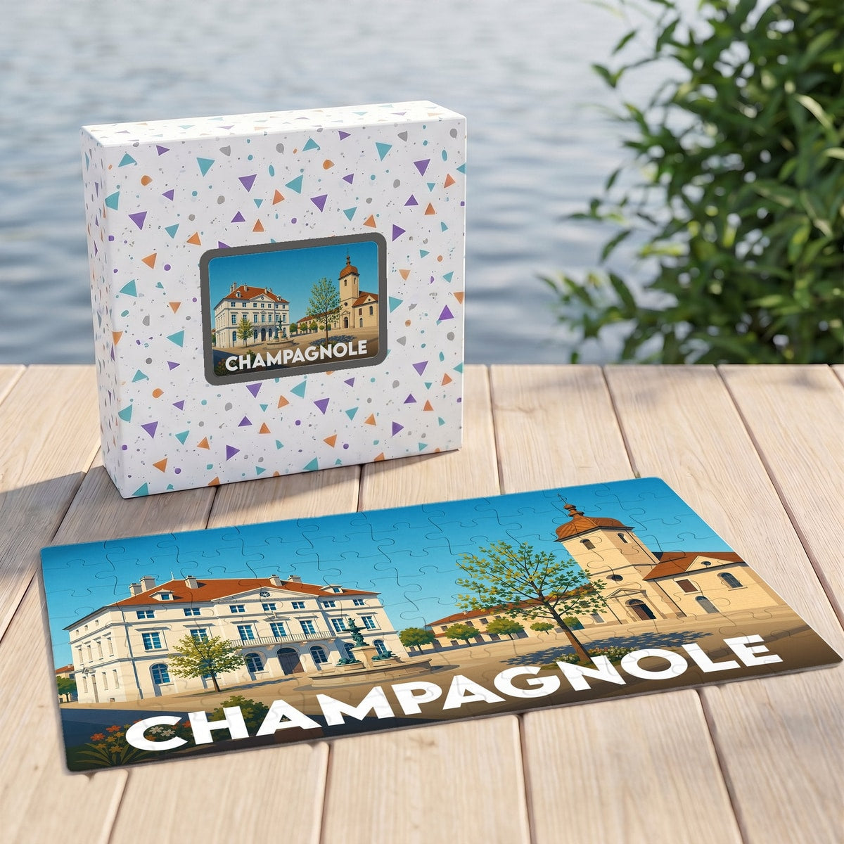 Puzzle souvenir de la ville de Champagnole avec une illustration stylisée de son architecture.