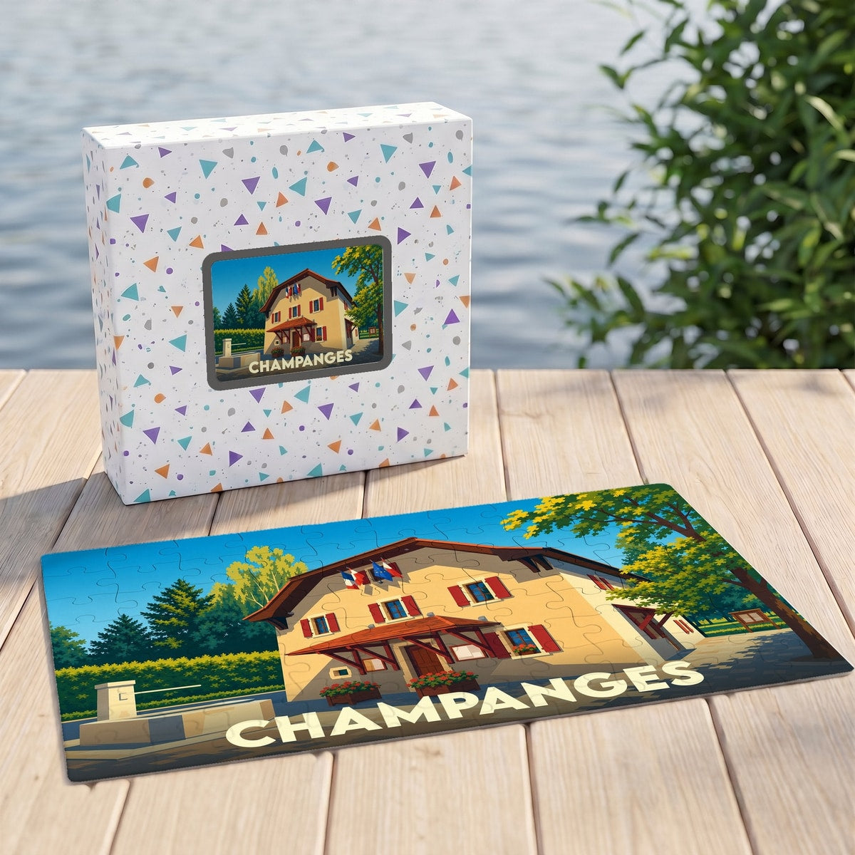 Puzzle souvenir de la ville de Champanges avec une illustration stylisée d'un bâtiment traditionnel.