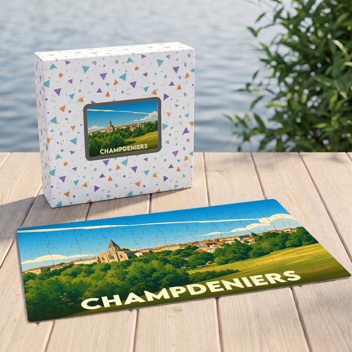 Puzzle souvenir de la ville de Champdeniers avec une illustration stylisée de son paysage urbain.