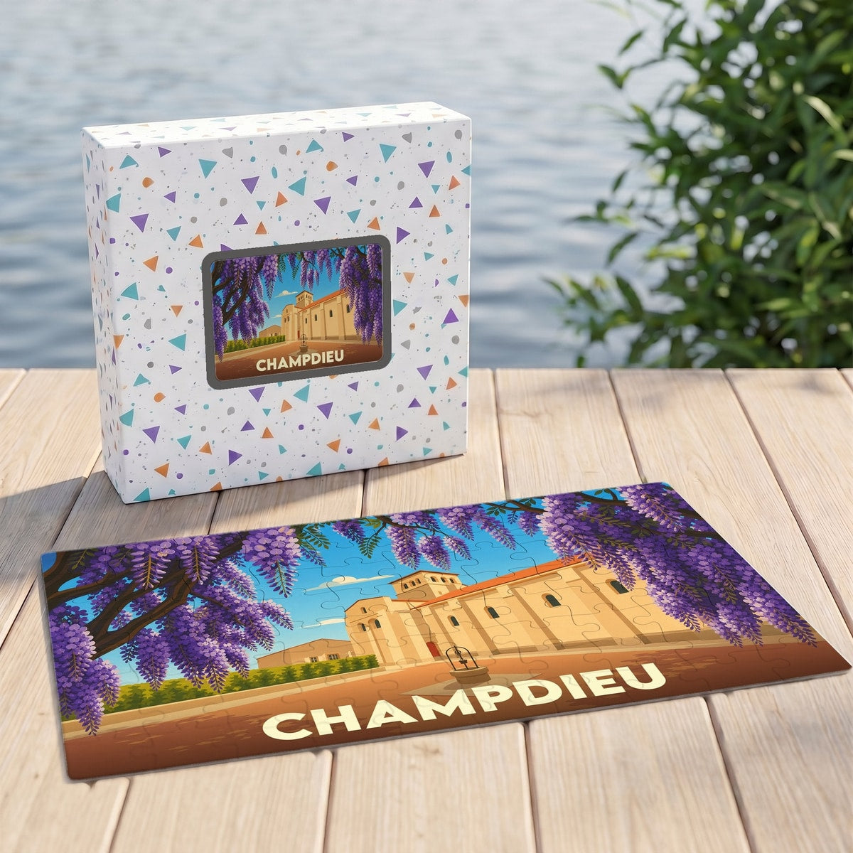 Puzzle souvenir de la ville de Champdieu avec une illustration stylisée et colorée.