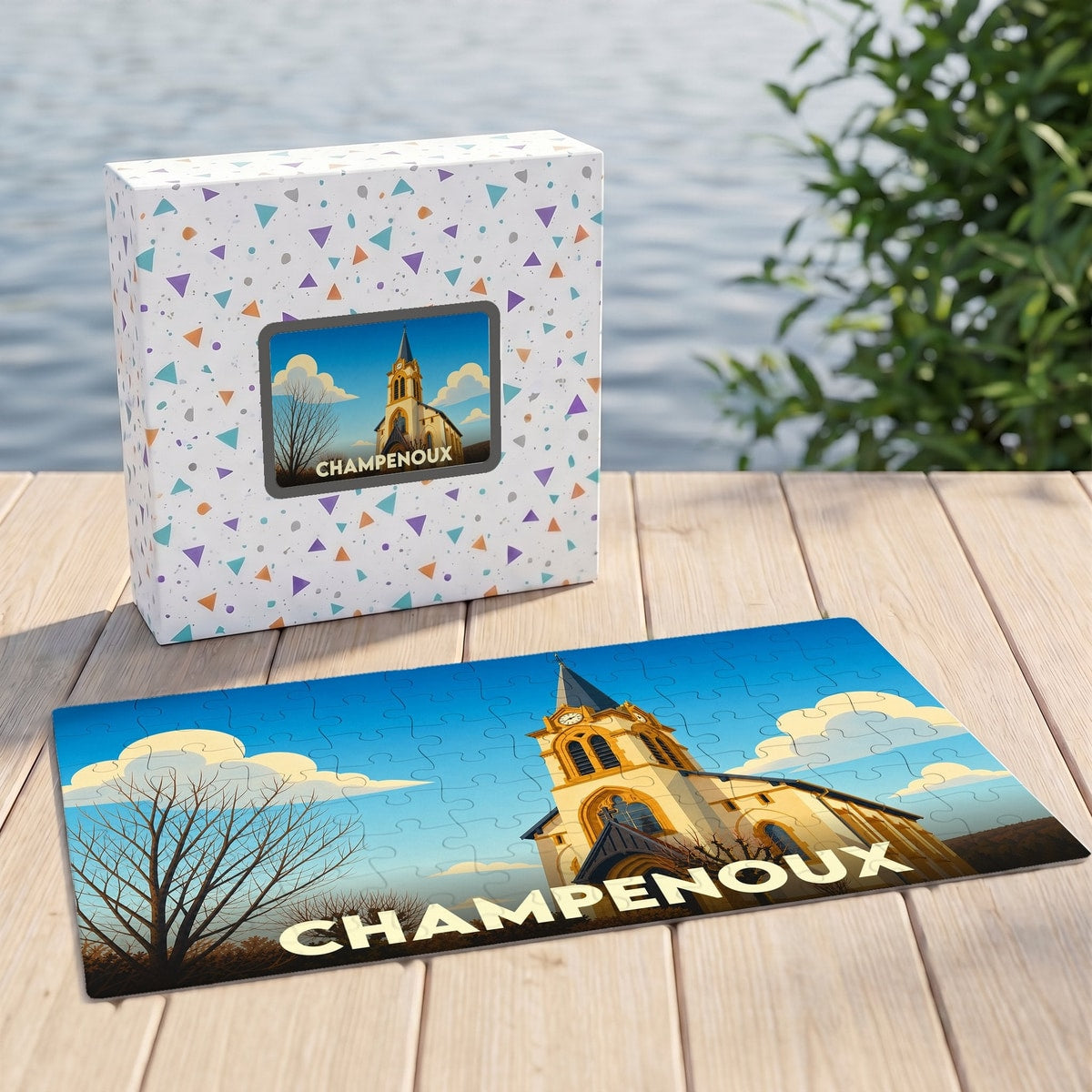 Puzzle souvenir de la ville de Champenoux avec une illustration stylisée de son église sous un ciel bleu.