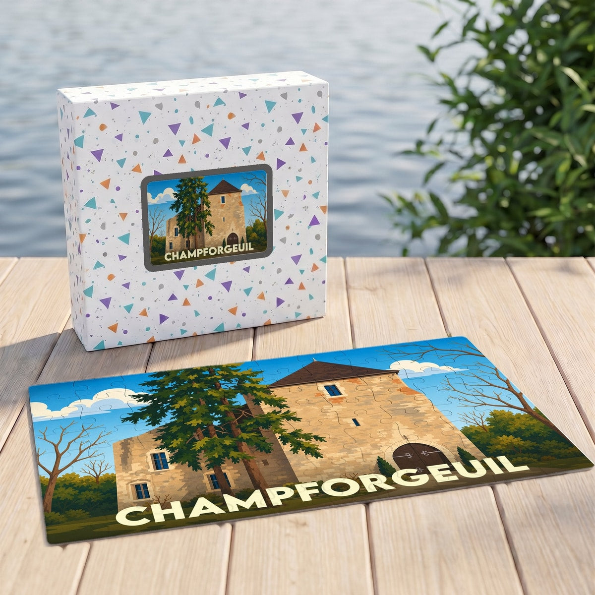 Puzzle souvenir de la ville de Champforgeuil avec une illustration stylisée d'un bâtiment historique.