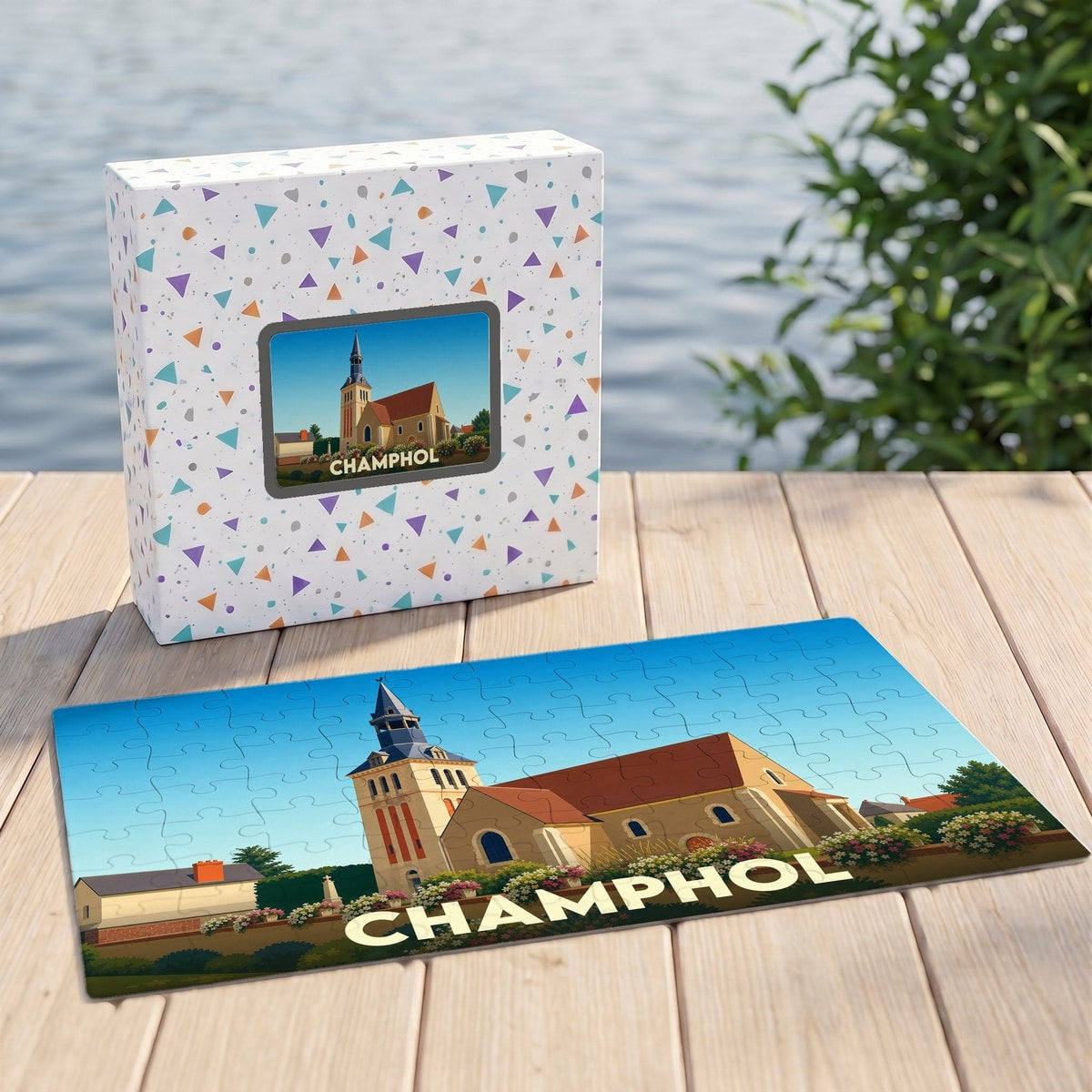 Puzzle souvenir de la ville de Champhol avec une illustration stylisée de son église.