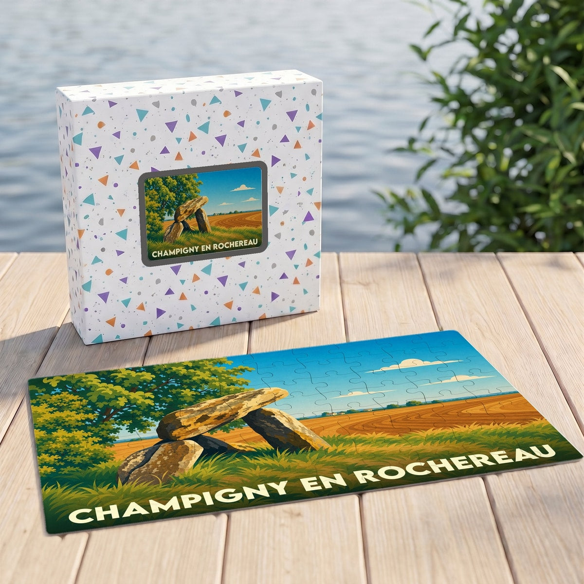 Puzzle souvenir de Champigny en Rochereau représentant un dolmen dans un paysage champêtre.