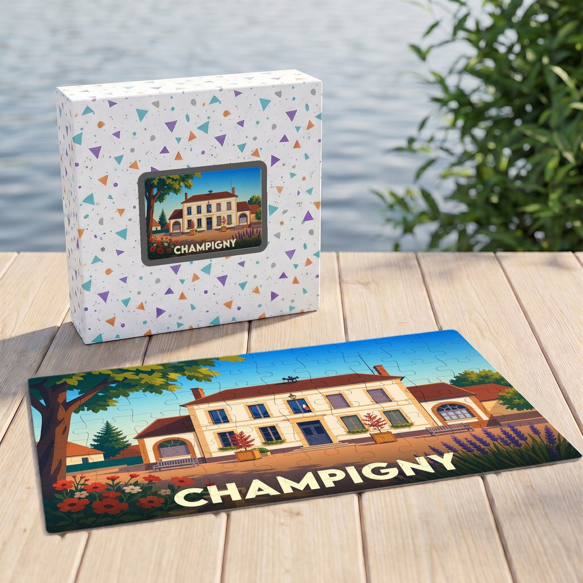 Puzzle souvenir de la ville de Champigny avec son illustration stylisée et sa boîte assortie.