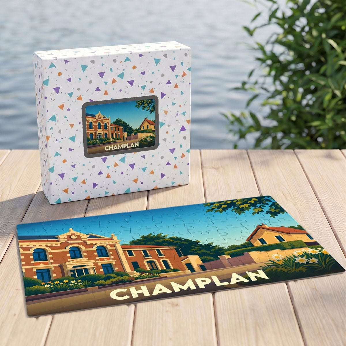 Puzzle souvenir de la ville de Champlan avec une illustration stylisée de ses bâtiments emblématiques.
