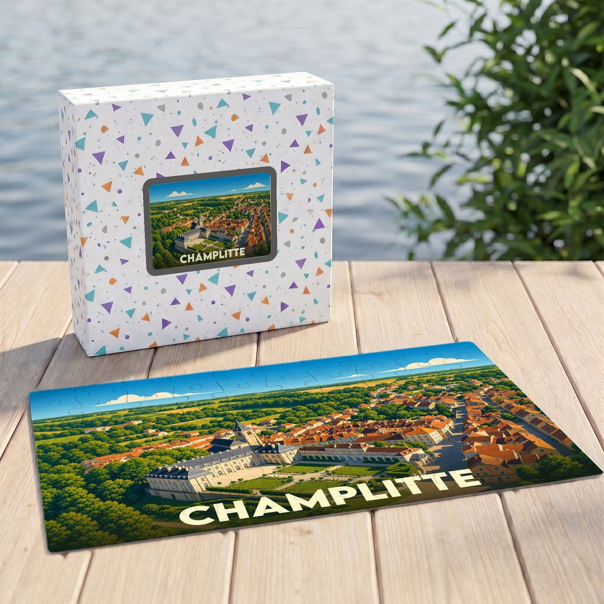 Puzzle souvenir de la ville de Champlitte avec une illustration panoramique stylisée.